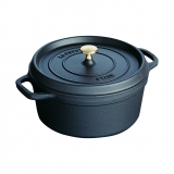 Cocotte en fonte ronde noire 28 cm avec couvercle a bouton laiton