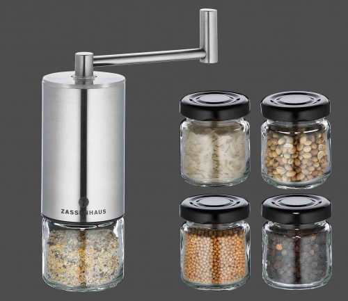 Moulin à épices inox broyeur céramique 13 cm avec 4 pots d'épices