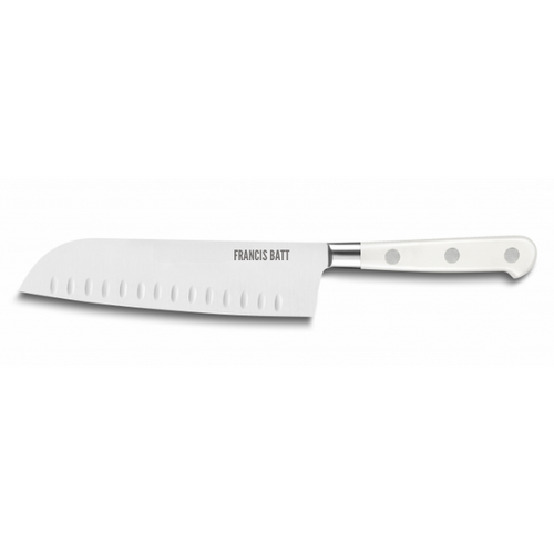 Couteau Oriental Santoku alvéolé Forgé Pro 18 cm manche blanc rivets inox