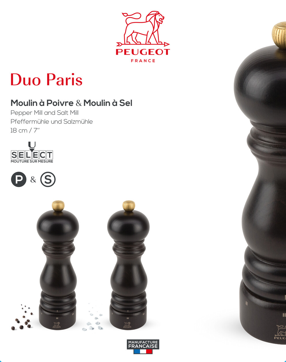 Peugeot Paris Duo Moulin à Poivre et Moulin à sel Noir/Blanc 18 cm